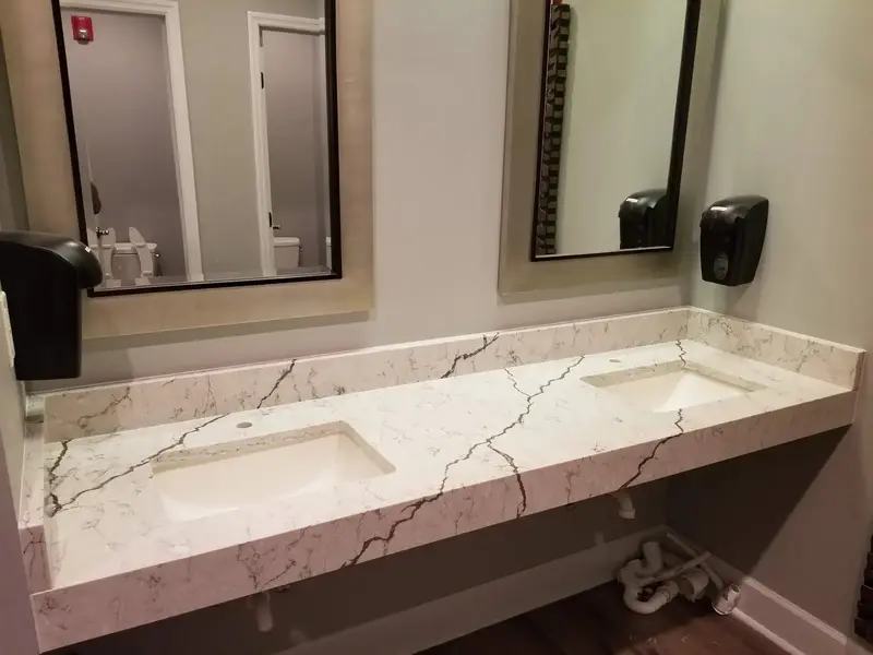 White veined double sink vanity top
